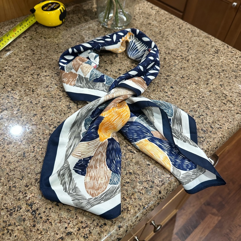 Leaf print scarf with navy blue border, square scarf, designer look